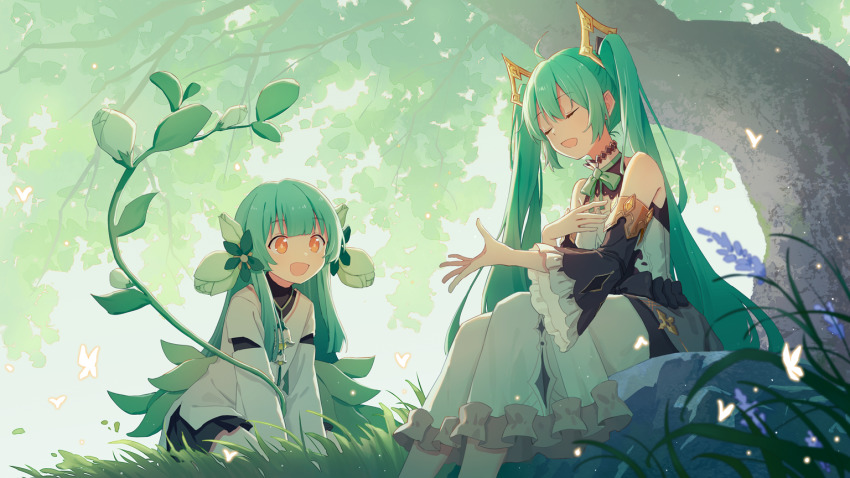 2girls, :d, ahoge, aqua_hair, bug, butterfly, character_request, closed_eyes