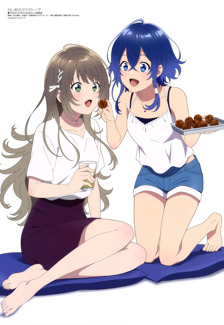 2girls, :d, absurdres, barefoot, blue_eyes, blue_hair, brown_hair, copyright_name