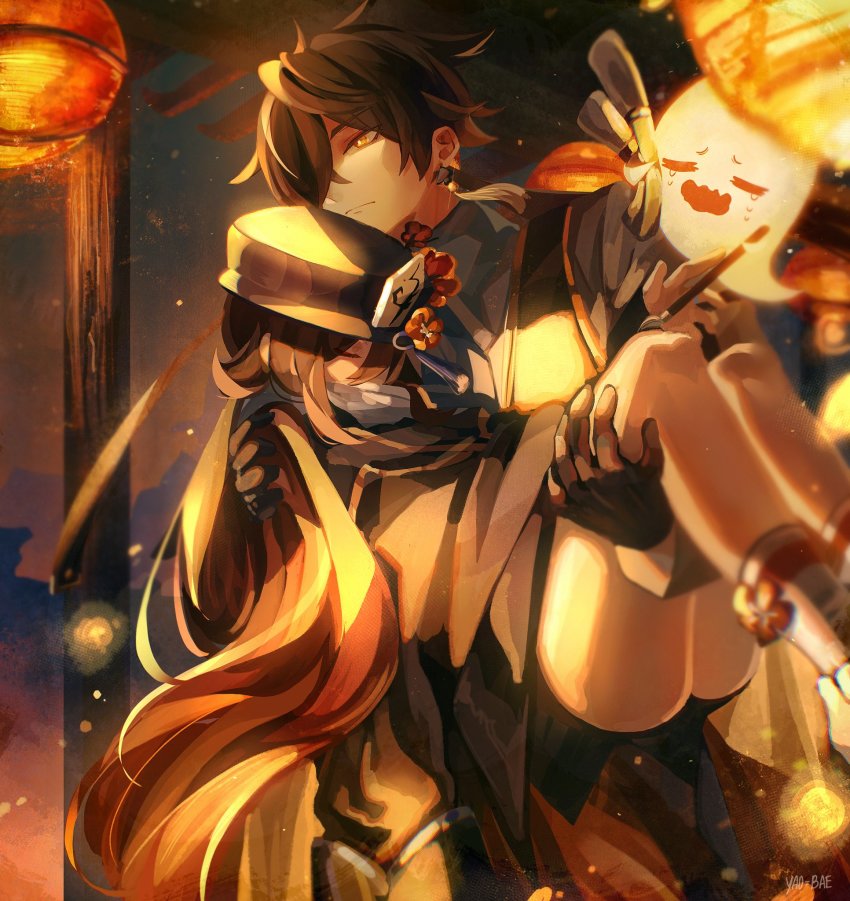 1boy, 1girl, :|, black_hair, black_headwear, black_shorts, brown_hair, carrying, chinese_clothes, closed_eyes, closed_mouth, coat, coattails, colored_tips, crying, earrings, eyeliner, eyeshadow, flower, formal_clothes, genshin_impact, ghost, gradient_hair, hair_between_eyes, hat, hat_flower, hat_ornament, highres, hu_tao_(genshin_impact), jacket, jewelry, lantern, long_hair, makeup, multicolored_hair, necktie, night, orange_hair, plum_blossoms, ponytail, porkpie_hat, princess_carry, red_eyeshadow, red_flower, shoes, shorts, sidelocks, single_earring, sky, socks, suit, tailcoat, talisman, tassel, tassel_earrings, thighs, toned, toned_male, twintails, vest, white_socks, yaoyaobae, yellow_eyes, zhongli_(genshin_impact)