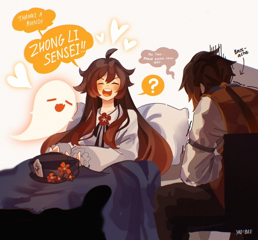 1boy, 1girl, :d, ?, ahoge, alternate_costume, back, bed, black_hair, black_headwear, black_pants, blanket, brown_hair, chair, closed_eyes, colored_tips, earrings, english_text, flower, genshin_impact, gradient_hair, hair_between_eyes, hair_tie, hat, hat_flower, hat_ornament, heart, highres, hu_tao_(genshin_impact), jacket, jewelry, long_hair, long_sleeves, multicolored_hair, necktie, open_mouth, orange_hair, pants, pillow, plum_blossoms, ponytail, porkpie_hat, red_flower, shaking, shirt, sidelocks, single_earring, sitting, smile, speech_bubble, tassel, tassel_earrings, teeth, tired, twintails, upper_teeth_only, vest, white_background, white_shirt, yaoyaobae, zhongli_(genshin_impact)