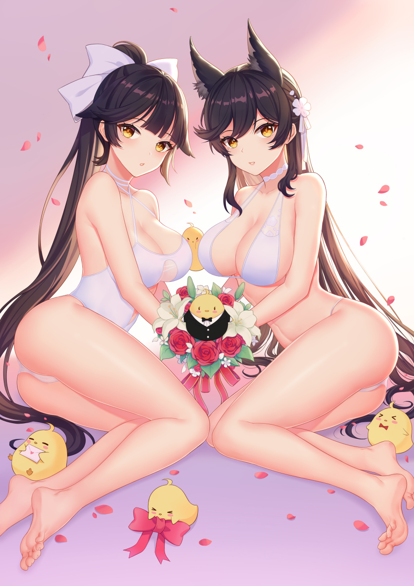 2girls, absurdres, animal_ear_fluff, animal_ears, atago_(azur_lane), atago_(summer_march)_(azur_lane), azur_lane, bikini, black_hair, blush, bouquet, breasts, cha_yan_guan_se, cleavage, collarbone, dog_ears, dog_girl, flower, hair_ornament, highres, large_breasts, long_hair, looking_at_viewer, manjuu_(azur_lane), multiple_girls, official_alternate_costume, one-piece_swimsuit, parted_lips, petals, ponytail, rose, sideboob, swimsuit, takao_(azur_lane), takao_(beach_rhapsody)_(azur_lane), thighs, tuxedo, white_one-piece_swimsuit, yellow_eyes
