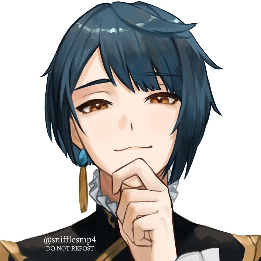 1boy, :3, artist_name, asymmetrical_bangs, blue_hair, closed_mouth, ear_piercing, earrings