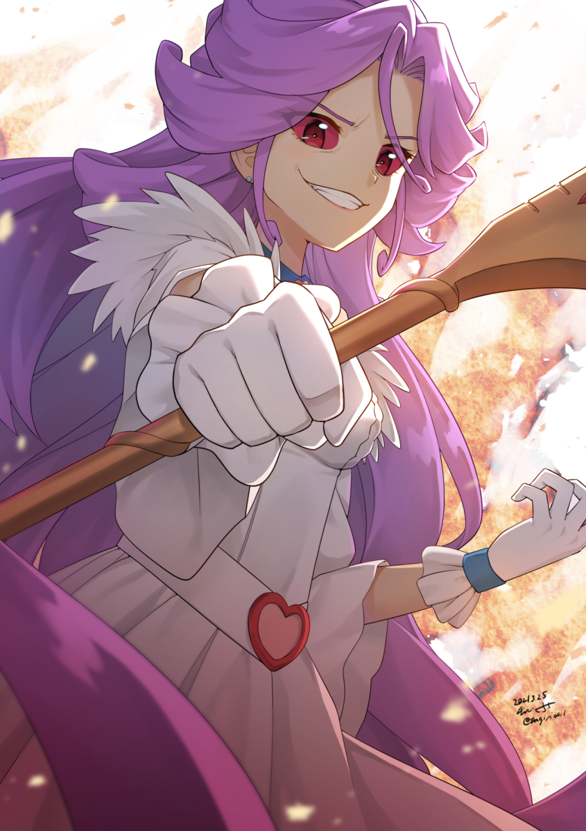 1girl, back_arrow, buckle, colored_sclera, dated, earrings, fine_forte, gloves, grin, heart, heart-shaped_buckle, holding, holding_wand, jewelry, long_hair, purple_hair, red_eyes, red_sclera, sarasa_(kanbi), smile, stud_earrings, wand, white_gloves