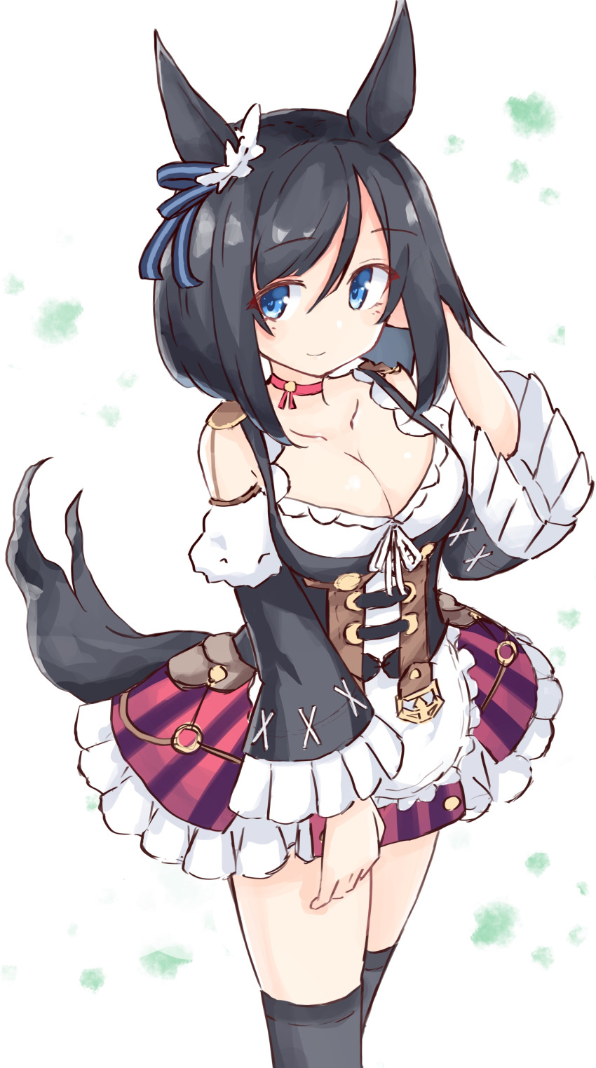 1girl, absurdres, animal_ears, arm_behind_head, bare_shoulders, black_hair, black_sleeves, black_thighhighs