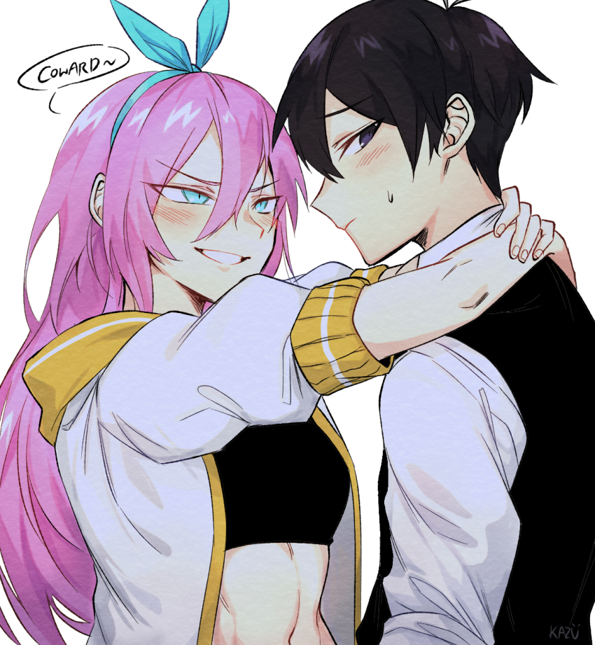 1boy, 1girl, aged_up, aqua_eyes, aqua_hairband, arms_around_neck, artist_name, aubrey_(faraway)_(omori)