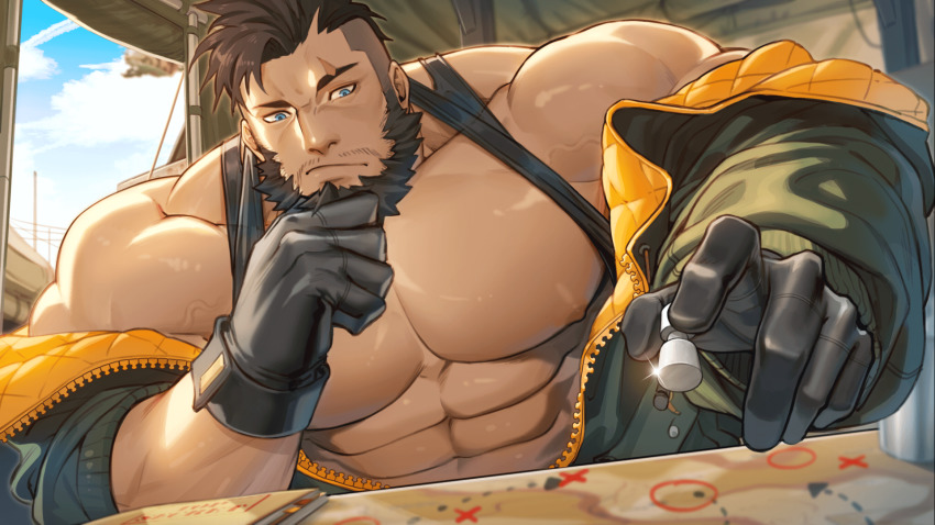 1boy, abs, bara, bare_pectorals, bare_shoulders, beard, blue_eyes, brown_hair