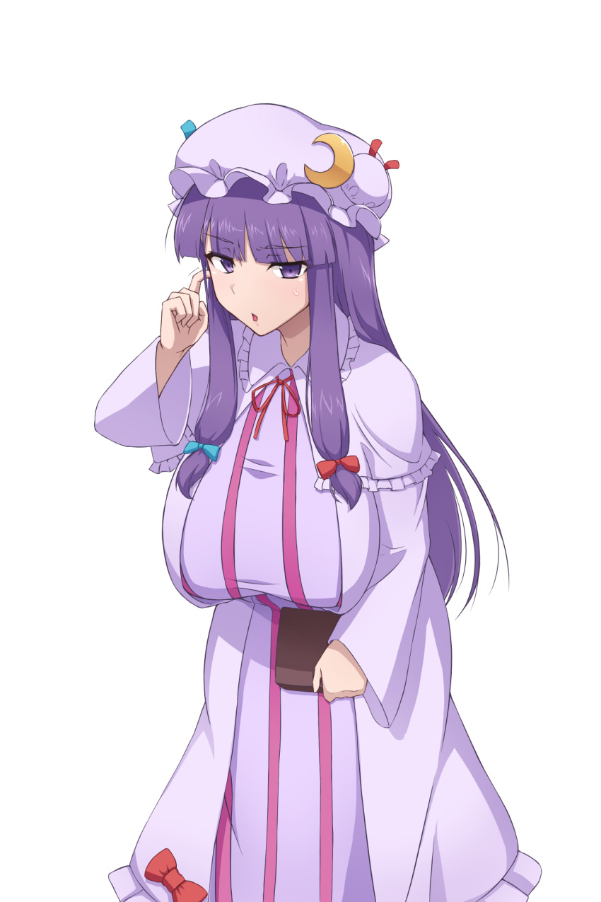 1girl, blue_bow, blunt_bangs, bow, breasts, capelet, cleavage, crescent, crescent_hat_ornament, crescent_pin, double_bun, dress, frilled_sleeves, frills, hair_bow, hair_bun, hat, hat_ornament, hat_ribbon, highres, kakikorori, large_breasts, long_dress, long_hair, long_sleeves, mob_cap, multi-tied_hair, patchouli_knowledge, plump, purple_bow, purple_capelet, purple_dress, purple_eyes, purple_hair, purple_headwear, red_bow, red_ribbon, ribbon, striped_clothes, striped_dress, touhou, vertical-striped_clothes, vertical-striped_dress, very_long_hair