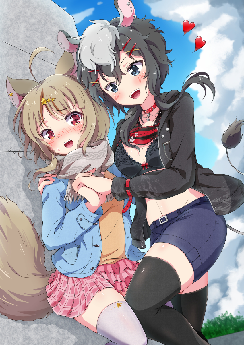 2girls, absurdres, against_wall, ahoge, animal_ears, belt, black_hair, blue_eyes