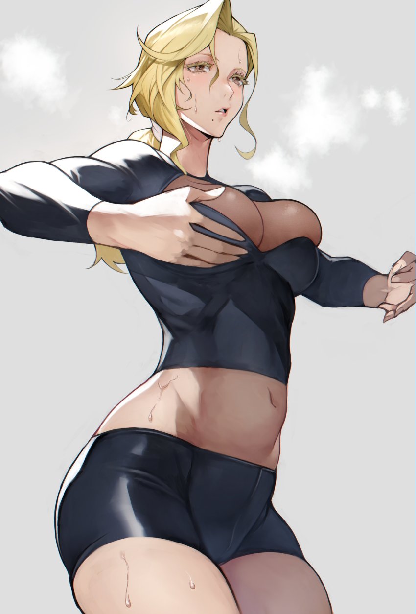 1girl, absurdres, ballroom_e_youkoso, black_shirt, black_shorts, blonde_hair, breasts, brown_eyes