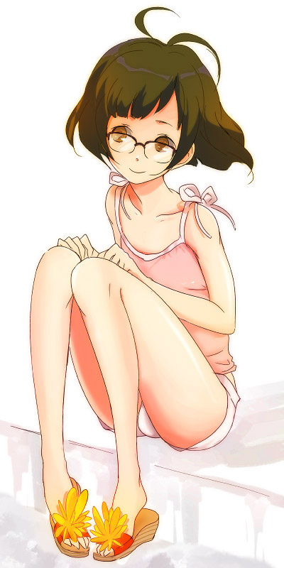 00s, 1boy, ahoge, akizuki_ryo, bad_id, bad_pixiv_id, brown_eyes, brown_hair, bulge, camisole, glasses, idolmaster, idolmaster_dearly_stars, male_focus, mochida, mochida_(annie), sandals, sitting, solo, trap