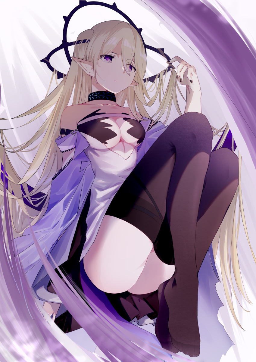 1girl, absurdres, arknights, ass, bare_shoulders, black_choker, black_nails, black_thighhighs