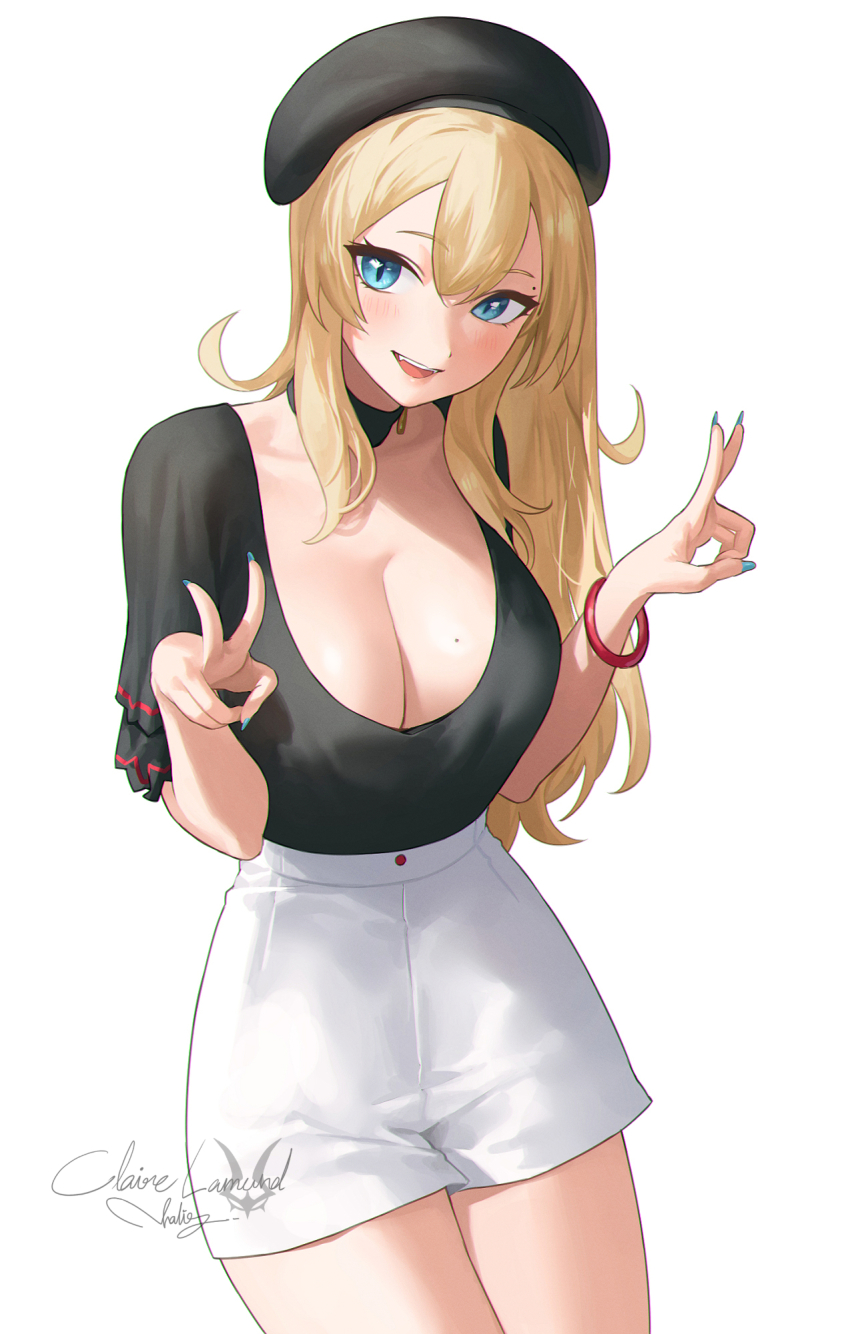 1girl, beret, black_hat, black_shirt, blonde_hair, blue_eyes, blush, breasts