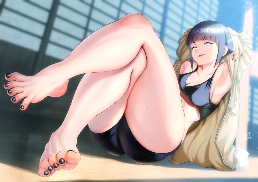 1girl, armpits, arms_behind_head, ass, barefoot, black_hair, black_nails, blunt_bangs, breasts, cleavage, feet, foot_focus, foreshortening, hyuuga_hinata, jacket, k.ty_(amejin), loli, long_hair, nail_polish, naruto_(classic), naruto_(series), purple_lips, short_hair, shorts, sitting, smile, solo, thick_thighs, thighs, toenail_polish, toenails, white_eyes