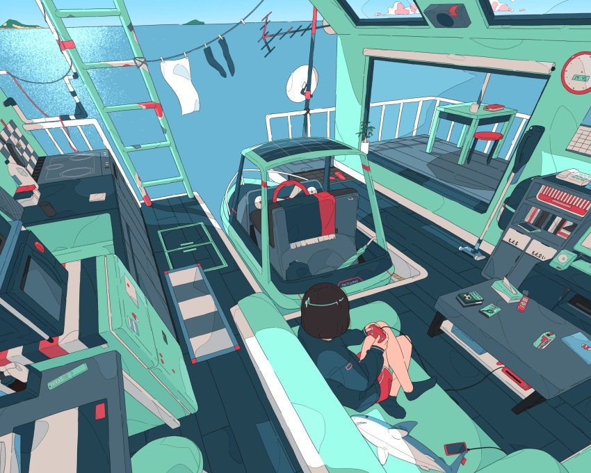 1girl, akabane_1999, bad_id, bad_pixiv_id, black_socks, black_sweater, boat, bob_cut