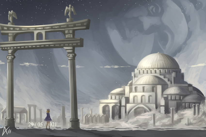 1girl, a-xii, absurdres, bird, blonde_hair, byzantine_architecture, byzantine_empire, constantine_the_great