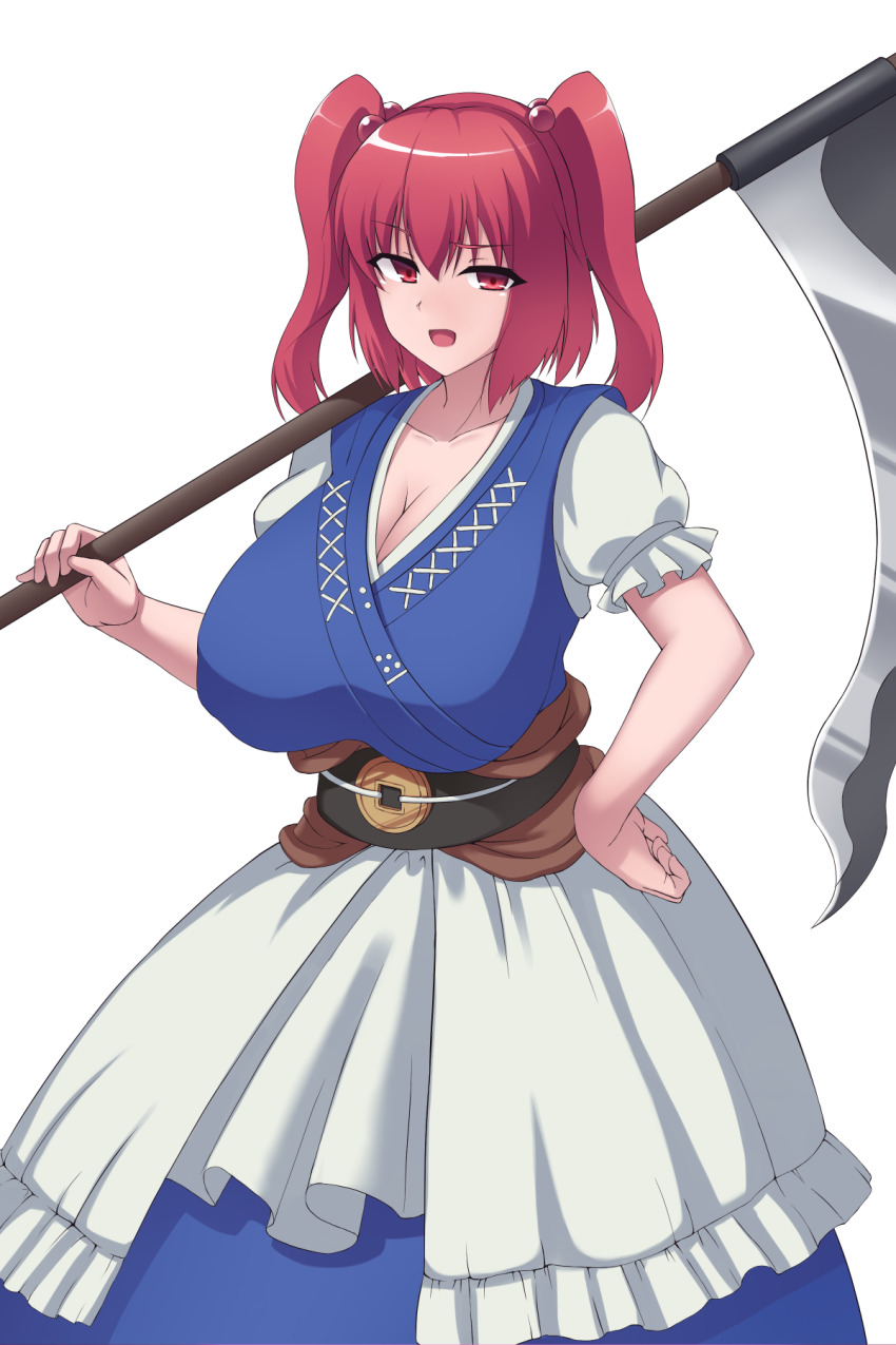 1girl, black_sandals, black_sash, blue_dress, blue_kimono, boat, breasts, brown_sash, cleavage, coin, coin_on_string, dress, hair_bobbles, hair_ornament, hand_on_own_hip, highres, holding, holding_scythe, holed_coin, huge_breasts, japanese_clothes, kakikorori, kimono, obi, onozuka_komachi, petticoat, puffy_short_sleeves, puffy_sleeves, red_eyes, red_hair, rod_of_remorse, sandals, sash, scythe, short_hair, short_sleeves, simple_background, socks, solo, touhou, twintails, two_side_up, watercraft, white_background, white_socks