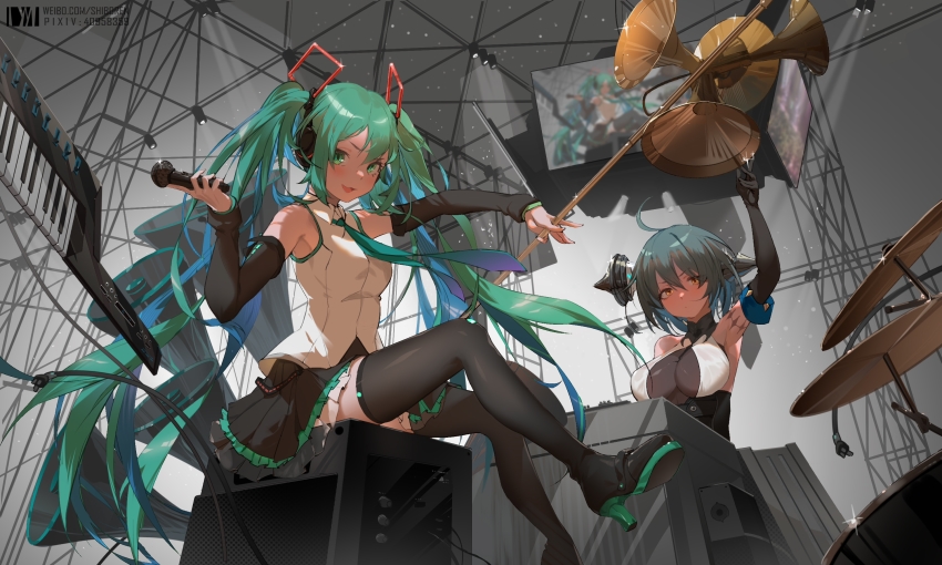 2girls, ahoge, black_footwear, black_gloves, black_legwear, black_skirt, black_sleeves, blush, boots, breasts, character_request, chinese_commentary, commentary_request, detached_sleeves, dm_(dai_miao), drum, elbow_gloves, frilled_skirt, frills, gloves, green_eyes, green_neckwear, hatsune_miku, hatsune_miku_(masterwork_apocalypse), hatsune_miku_(vocaloid4), high_heel_boots, high_heels, highres, holding, holding_microphone, instrument, keyboard_(instrument), large_breasts, long_hair, looking_at_viewer, masterwork_apocalypse, medium_breasts, microphone, multiple_girls, necktie, open_mouth, shirt, short_hair, sitting, skirt, sleeveless, sleeveless_shirt, smile, thigh_boots, thighhighs, twintails, very_long_hair, vocaloid, white_shirt