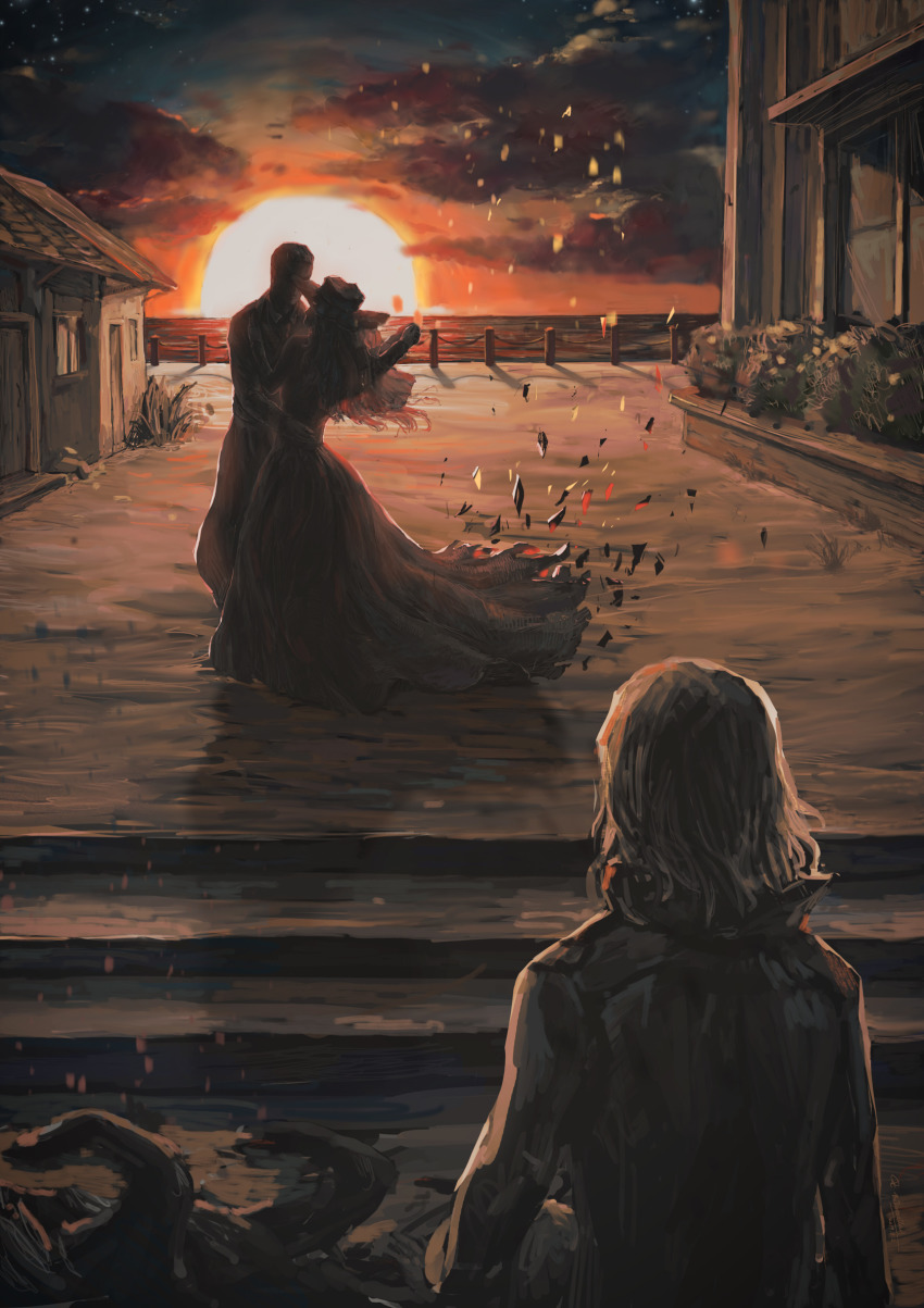 1girl, 2boys, bush, cloud, cloudriver1998, coat, daly_simone, dancing