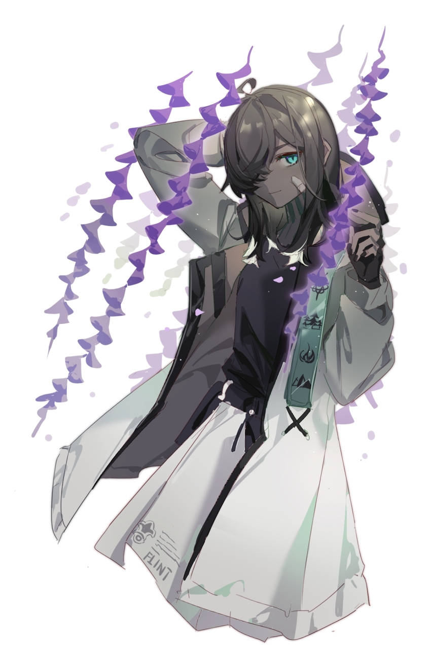 1girl, ahoge, arknights, arm_behind_head, bandaid, bandaid_on_face, black_gloves, black_nails