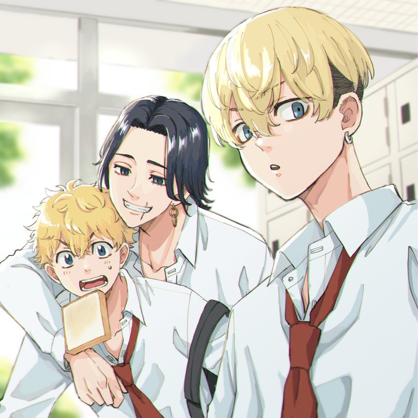 3boys, absurdres, arm_around_shoulder, black_eyes, black_hair, blonde_hair, blue_eyes, bread