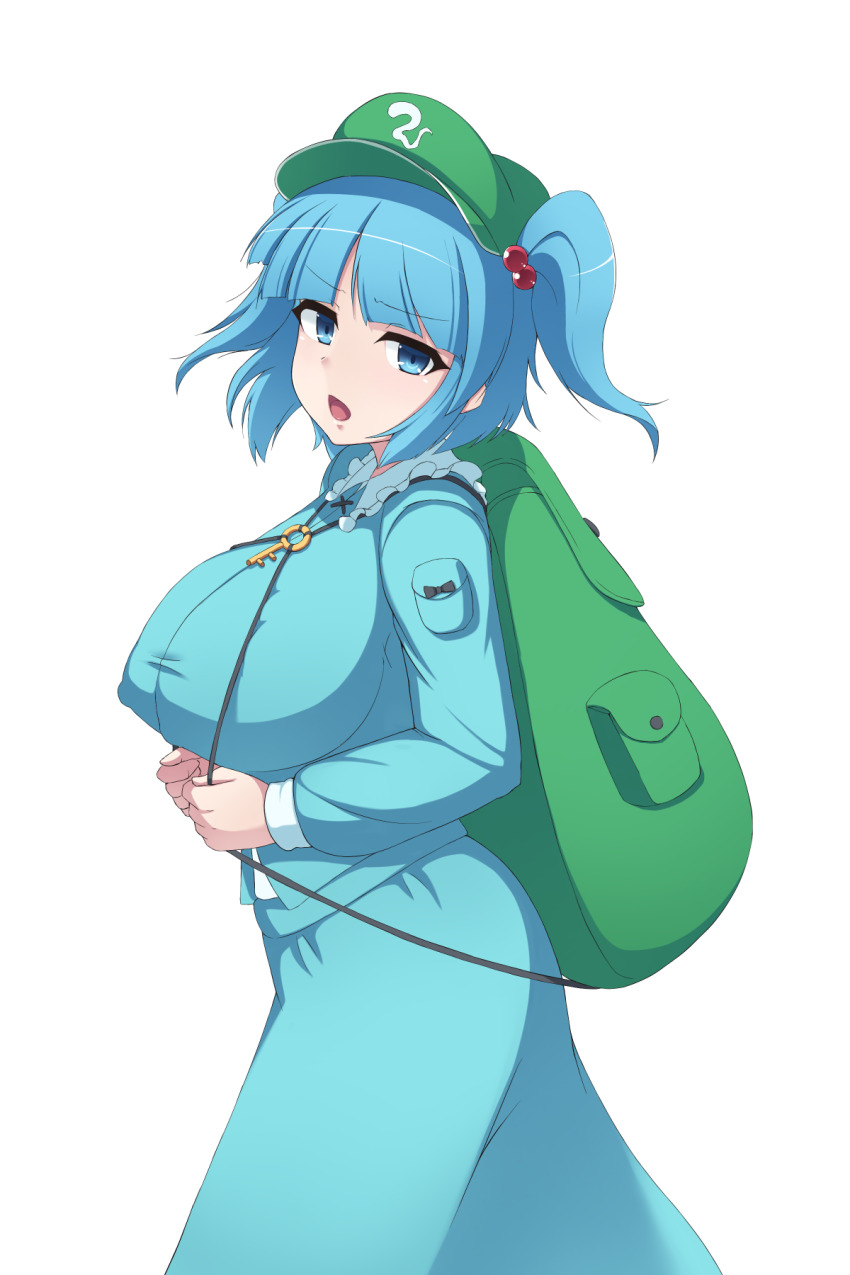 backpack, bag, blue_eyes, blue_hair, blue_shirt, blue_skirt, breasts, circle_skirt