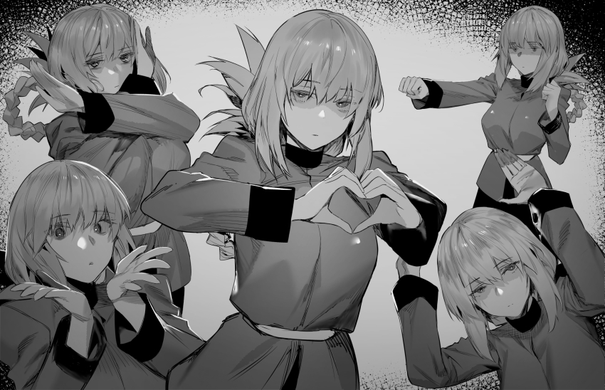 1girl, braid, clenched_hands, closed_mouth, fate/grand_order, fate_(series), florence_nightingale_(fate), greyscale, hands_up, heart, heart_hands, highres, horse_pose, hxd, long_hair, long_sleeves, looking_at_viewer, monochrome, multiple_views, narrowed_eyes, umapyoi_densetsu