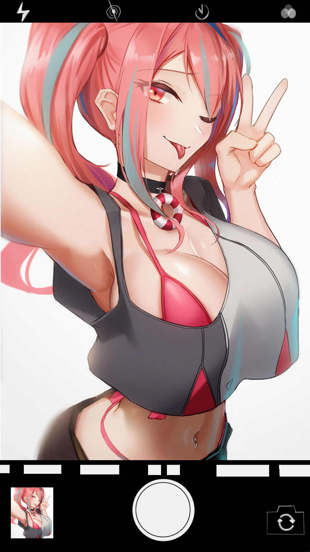 1girl, :p, asymmetrical_clothes, azur_lane, black_shorts, bra, breasts, bremerton_(azur_lane)