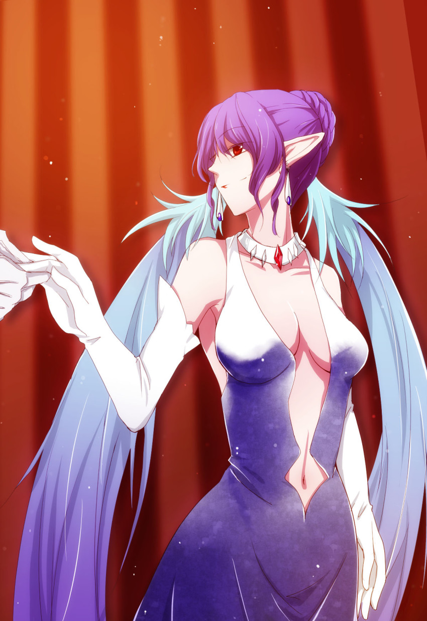 00s, 1girl, dress, earrings, elbow_gloves, female_focus, gloves, highres, jewelry, judith_(invitation_to_a_wonderful_evening)_(tales), judith_(tales), official_alternate_costume, pointy_ears, purple_eyes, purple_hair, rass, smile, solo, tales_of_(series), tales_of_vesperia, white_gloves