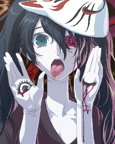 1girl, aqua_eyes, black_hair, blood, colored_skin, eye_focus, female_focus, fox_mask