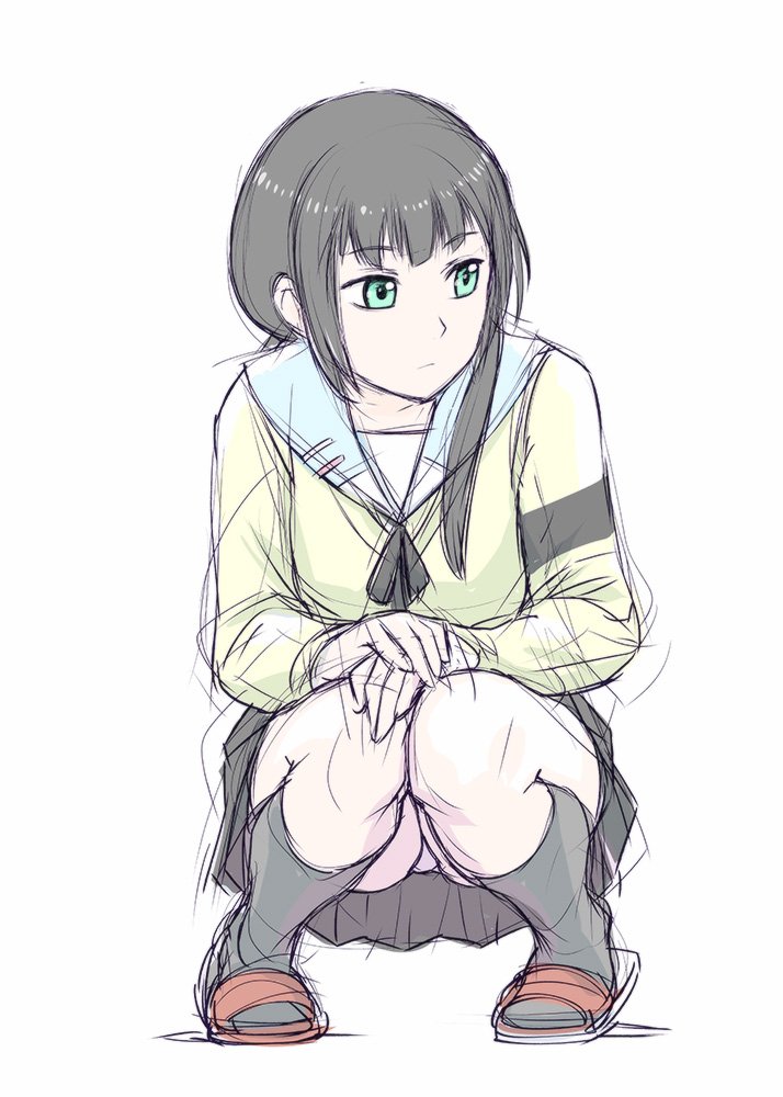 1girl, black_hair, black_legwear, closed_mouth, full_body, green_eyes, hishiro_chizuru, long_hair