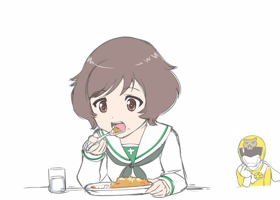 2girls, akiyama_yukari, bodysuit, brown_eyes, brown_hair, copyright_request, cup, eating