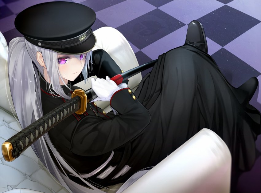1girl, black_coat, coat, couch, crossed_legs, fed_(giba), floor, gloves, hat, higuchi_kaede, higuchi_kaede_(military), holding, holding_sword, holding_weapon, katana, long_hair, looking_at_viewer, looking_back, military, military_hat, military_uniform, mole, mole_under_eye, nijisanji, ponytail, purple_eyes, silver_hair, sitting, solo, sword, virtual_youtuber, weapon, white_gloves