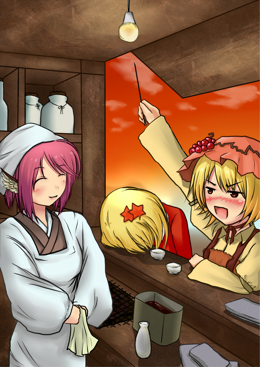 3girls, aki_minoriko, aki_shizuha, animal_ears, apron, blonde_hair, blush, bokunoryuugi