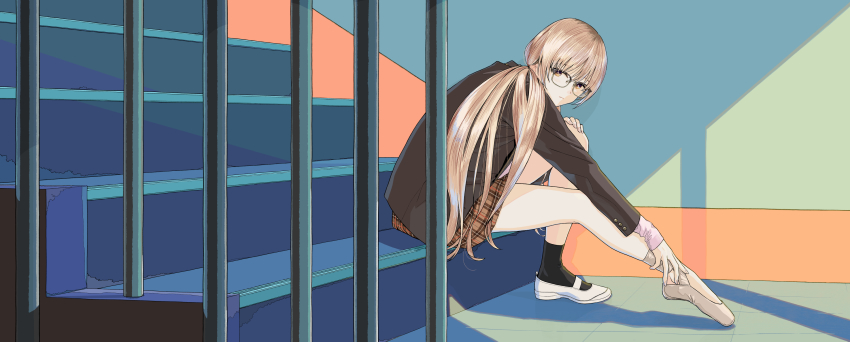 1girl, asymmetrical_footwear, ballet_slippers, black_jacket, black_socks, brown_eyes, expressionless, glasses