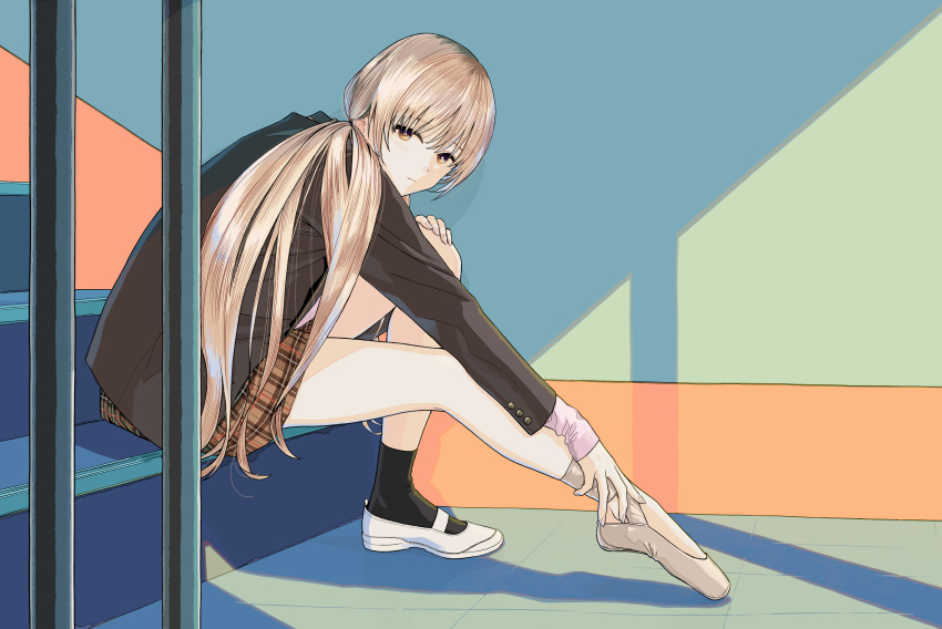 1girl, asymmetrical_footwear, ballet_slippers, black_jacket, black_socks, brown_eyes, expressionless, highres, ienaga_mugi, ienaga_mugi_(7th_costume), jacket, light_brown_hair, long_hair, looking_at_viewer, mismatched_footwear, nijisanji, plaid_clothes, plaid_skirt, shadow, shoes, sitting, skirt, socks, solo, stairs, tanaka_hirotaka, uneven_footwear, very_long_hair, virtual_youtuber, white_shoes