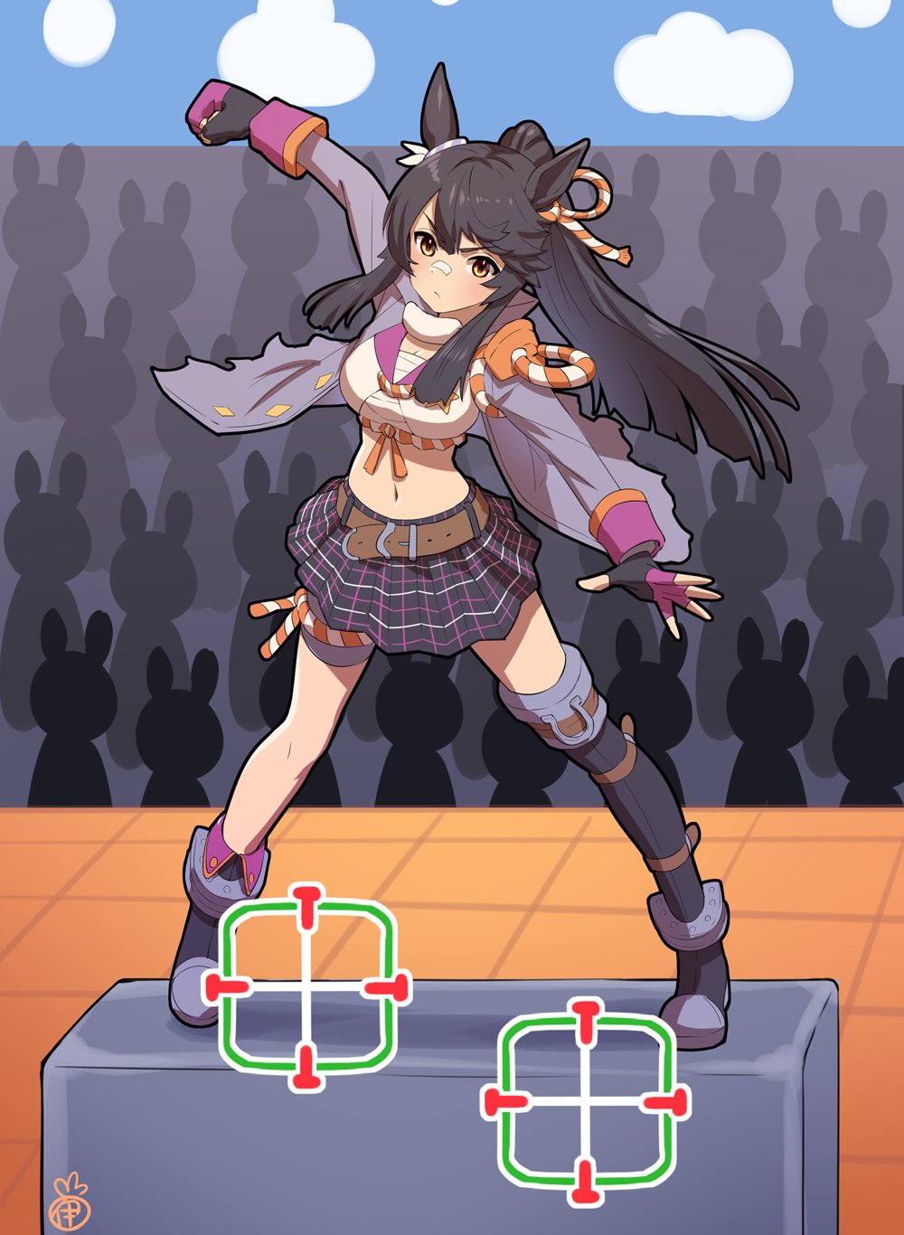 1girl, belt, black_hair, crowd, fingerless_gloves, gloves, highres, imminent_punch