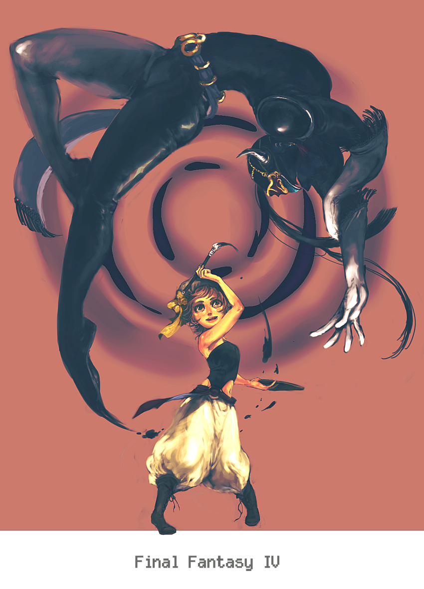 1boy, 1girl, armor, art_brush, assassin, backflip, baggy_pants, belt, bending_backward, black_bodysuit, black_gloves, bodysuit, boots, calligraphy_brush, child, copyright_name, english_text, father_and_child, father_and_daughter, final_fantasy, final_fantasy_vi, full_body, gloves, gyofu, hat, highres, horns, looking_up, mask, navel, ninja, open_mouth, paintbrush, painting_(action), pants, parent_and_child, pauldrons, relm_arrowny, shadow_(ff6), short_hair, shoulder_armor, skin_tight, smile, standing