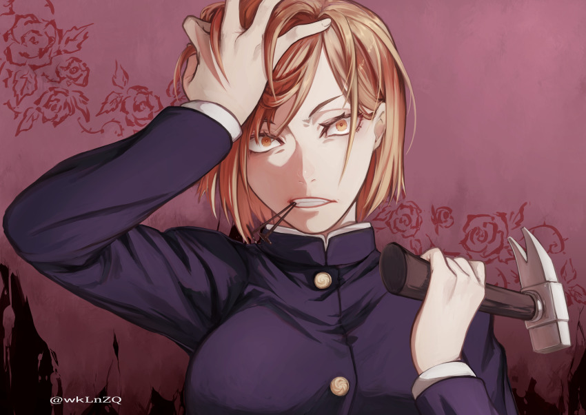 1girl, absurdres, brown_background, brown_eyes, brown_hair, clenched_teeth, hammer, hand_in_own_hair, highres, holding, holding_hammer, jacket, jujutsu_kaisen, kugisaki_nobara, long_sleeves, looking_at_viewer, mouth_hold, nail_(hardware), purple_jacket, short_hair, solo, teeth, twitter_username, upper_body, wklnzq