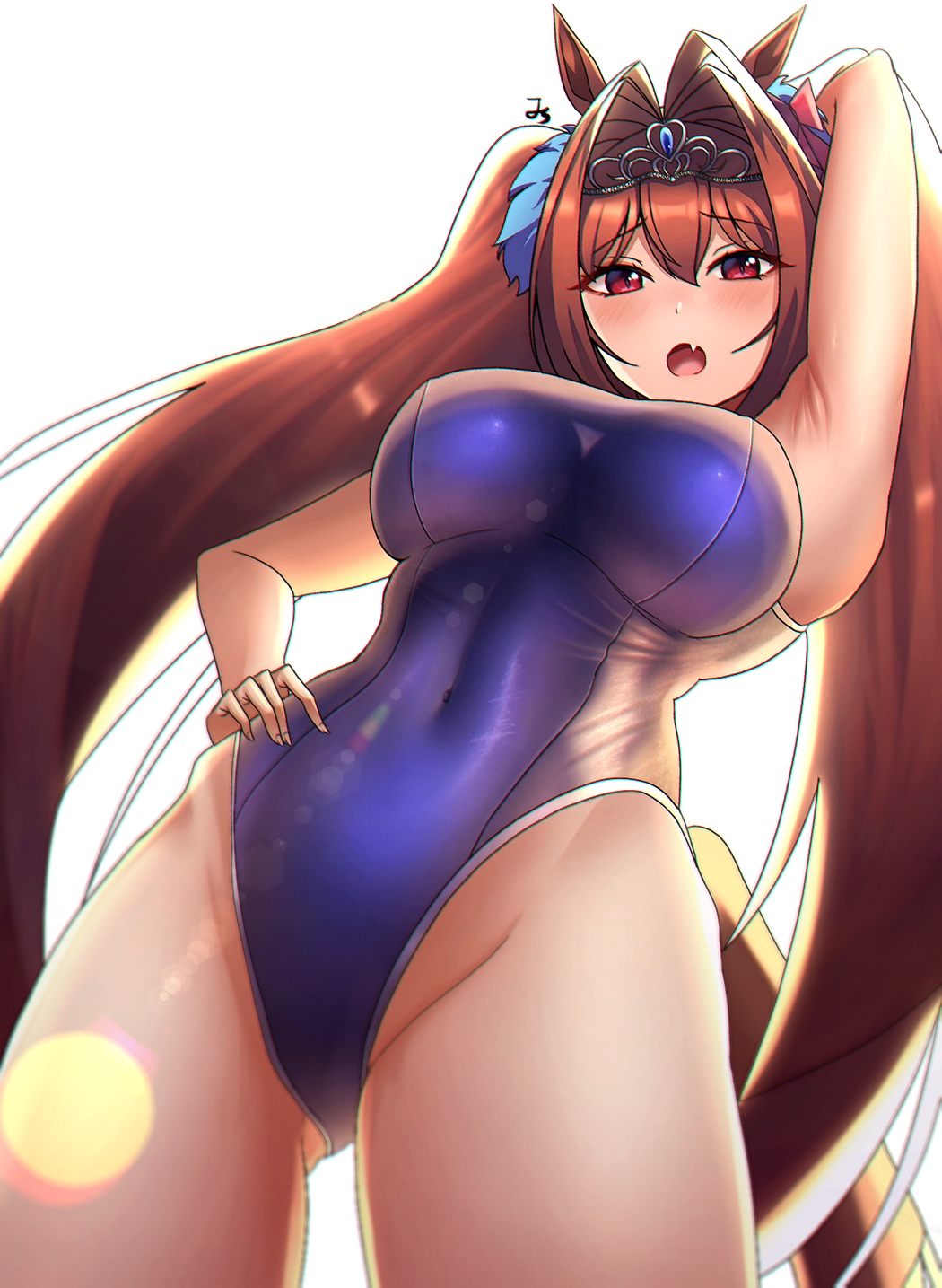 1girl, animal_ears, arm_up, armpits, blue_one-piece_swimsuit, blush, bow, breasts, brown_hair, covered_navel, daiwa_scarlet_(umamusume), fang, from_below, hair_bow, hair_intakes, hand_on_own_hip, highleg, highleg_one-piece_swimsuit, highres, horse_ears, horse_girl, jungtong, large_breasts, long_hair, looking_at_viewer, looking_down, one-piece_swimsuit, open_mouth, red_bow, red_eyes, school_swimsuit, simple_background, skin_fang, solo, standing, swimsuit, thighs, tiara, twintails, umamusume, white_background