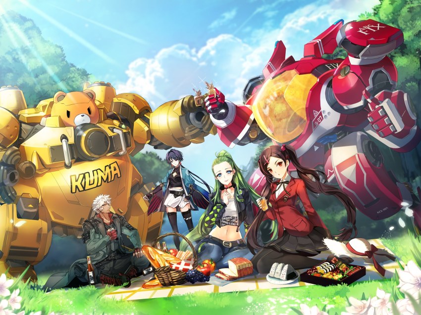 1boy, 3girls, bear, bread, bread_slice, caramel_(smc), cloak, drinking