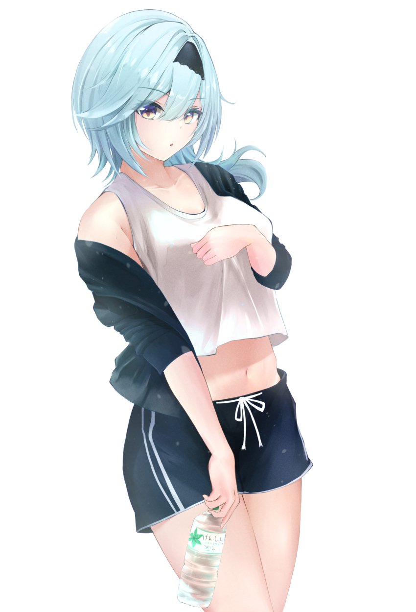 1girl, :o, absurdres, alternate_costume, bare_shoulders, bottle, breasts, casual