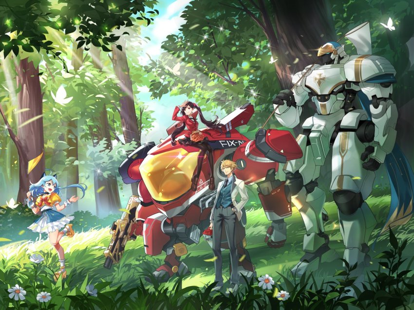 1boy, 2girls, arthur_(smc), bento, bottle, butterfly_net, fang, firefox_(smc), flag, flower, forest_(4423), grass, gun, hand_net, mecha, multiple_girls, ning_(smc), official_art, rifle, riko_(smc), robot, rom_(smc), scarf, smile, sunlight, super_mecha_champions, tree, water_bottle, weapon