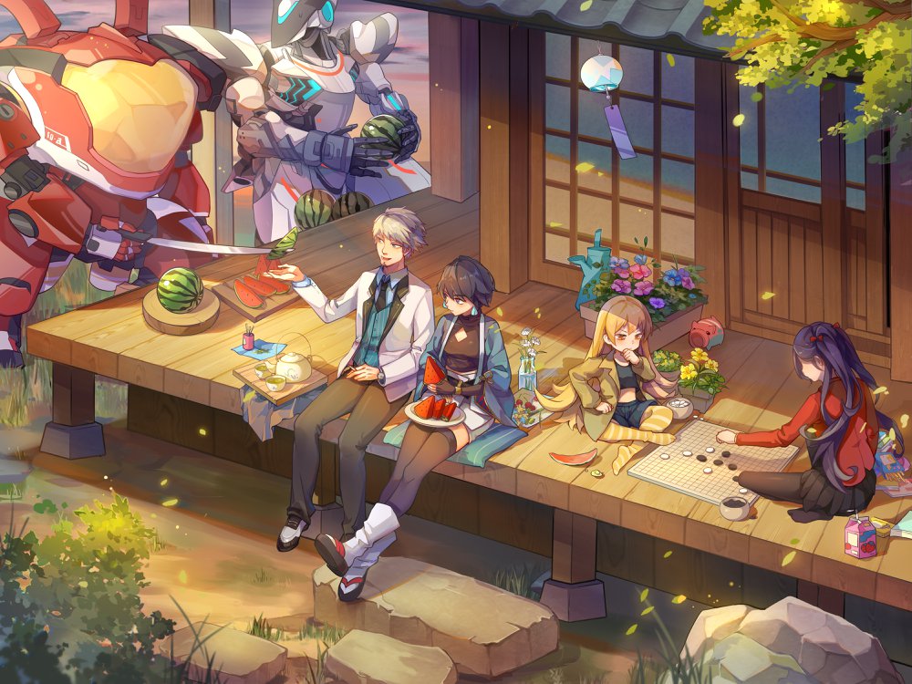 1boy, 3girls, black_hair, board_game, cloak, cup, drink_carton, earrings