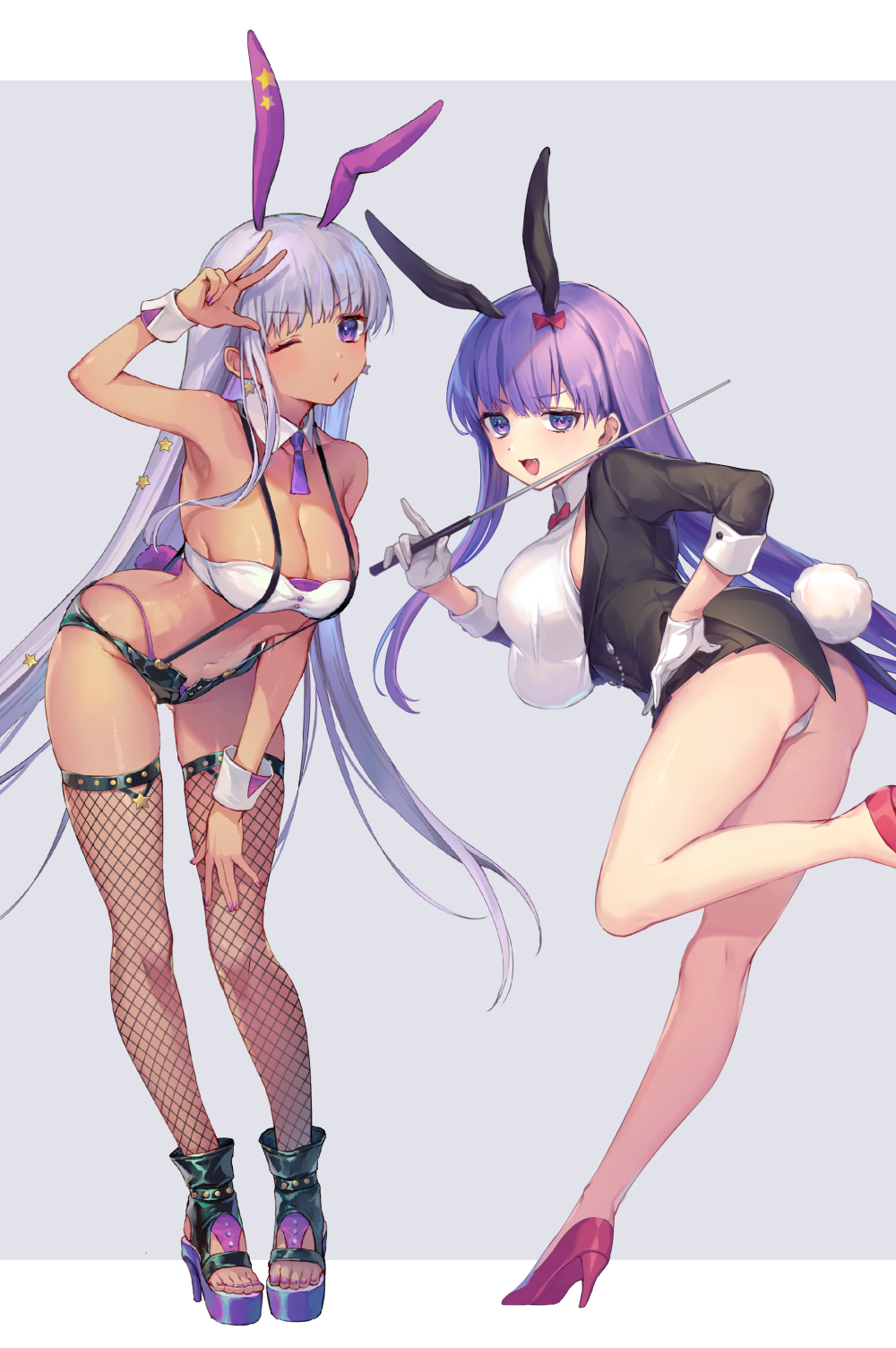 2girls, animal_ears, arm_up, armpits, bare_legs, bb_(fate), bb_(swimsuit_mooncancer)_(second_ascension)_(fate), black_footwear