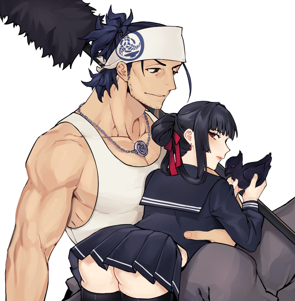 bird, couple, crow, facial_hair, female_saniwa_(touken_ranbu), gluteal_fold, hime_cut, japanese_clothes, little_girl_saniwa_(touken_ranbu), mature_male, miko, nihongou_(touken_ranbu), red_eyes, saniwa_(touken_ranbu), school_uniform, serafuku, stubble, touken_ranbu
