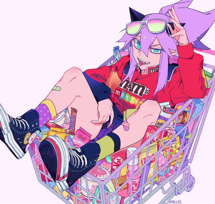 1girl, artist_name, asymmetrical_legwear, bandaid, black_shoes, blue_eyes, candy, candy_bar
