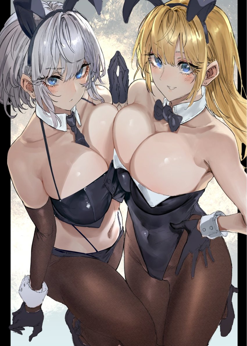 2girls, animal_ears, azur_lane, bare_arms, bare_shoulders, black_bow, black_bowtie, black_gloves, black_legwear, black_leotard, blonde_hair, blue_eyes, bow, bowtie, breast_press, breasts, cleavage, collarbone, covered_navel, detached_collar, fake_animal_ears, gloves, hand_on_own_hip, highres, large_breasts, leotard, long_hair, looking_at_viewer, multiple_girls, navel, north_carolina_(azur_lane), pantyhose, playboy_bunny, rabbit_ears, short_hair, signo_aaa, silver_hair, smile, washington_(azur_lane), wrist_cuffs