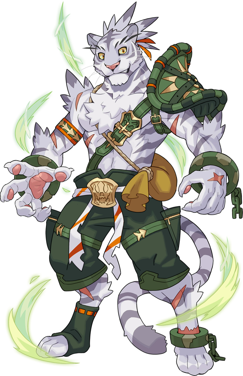 1boy, animal_ears, animal_hands, animal_nose, armband, armor, artist_request, belt, body_fur, broken, broken_chain, chain, claws, clenched_teeth, colored_sclera, cuffs, full_body, furry, furry_male, green_shorts, green_socks, grey_fur, grey_hair, hair_ribbon, highres, male_focus, multicolored_hair, muscular, muscular_male, nimbus_(world_flipper), non-web_source, official_art, orange_eyes, orange_ribbon, pawpads, ponytail, pouch, ribbon, ribbon-trimmed_legwear, ribbon_trim, scar, shackles, short_hair, shorts, shoulder_armor, simple_background, single_sock, snout, socks, solo, standing, tail, teeth, thigh_pouch, tiger_boy, tiger_ears, tiger_tail, toeless_legwear, topless_male, transparent_background, two-tone_hair, whiskers, white_fur, world_flipper, yellow_sclera, zipper, zipper_pull_tab
