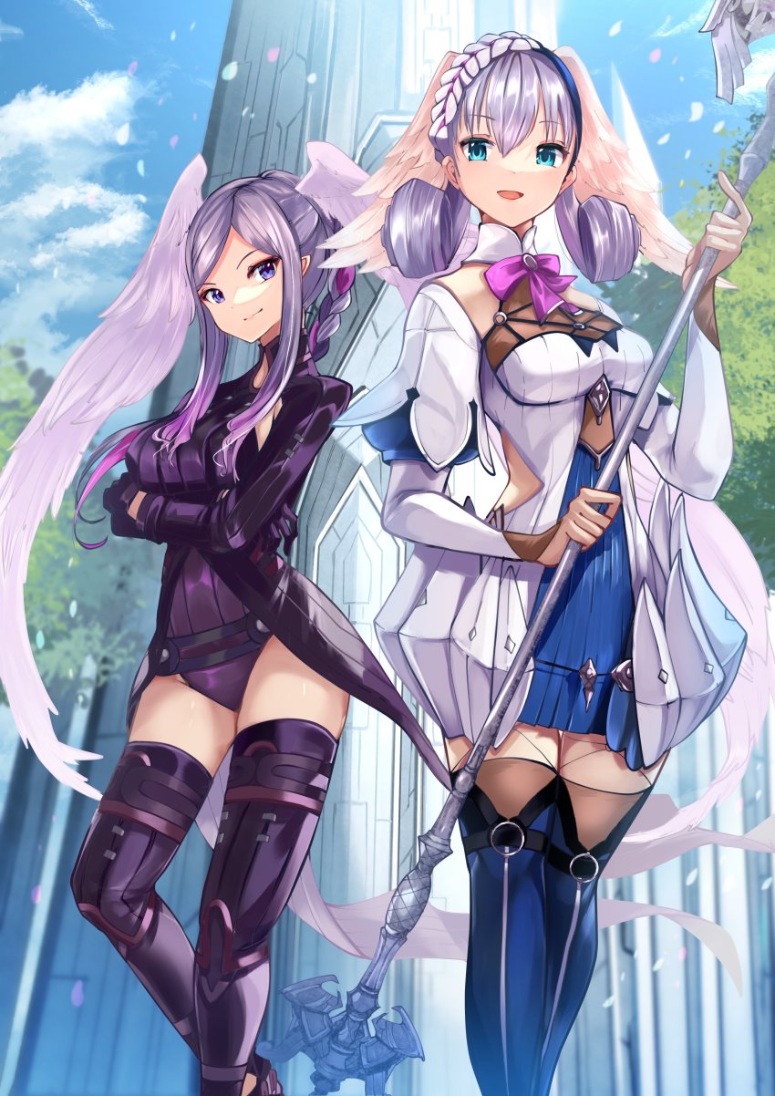 2girls, absurdres, blue_eyes, braid, breasts, crown_braid, dress, gloves, head_wings, highres, medium_breasts, melia_antiqua, multiple_girls, risumi_(taka-fallcherryblossom), short_dress, silver_hair, staff, thighhighs, tyrea_(xenoblade), wings, xenoblade_chronicles:_future_connected, xenoblade_chronicles_(series), xenoblade_chronicles_1