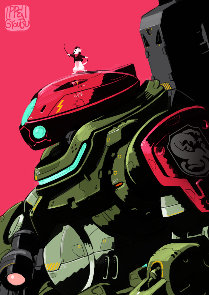 1boy, artist_name, black_jacket, extra_eyes, ferret, from_side, green_headwear, grimoire_red_beret, gundam, gundam_build_divers, gyoubu_ippei, holding, holding_pointer, jacket, looking_ahead, mecha, mobile_suit, no_humans, open_mouth, pointer, red_background, robot, rommel_(gundam_build_divers), science_fiction